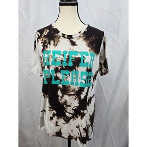Daisy Rae Heifer Please Tie Dye Graphic Tee Brown White Teal Womens Medium